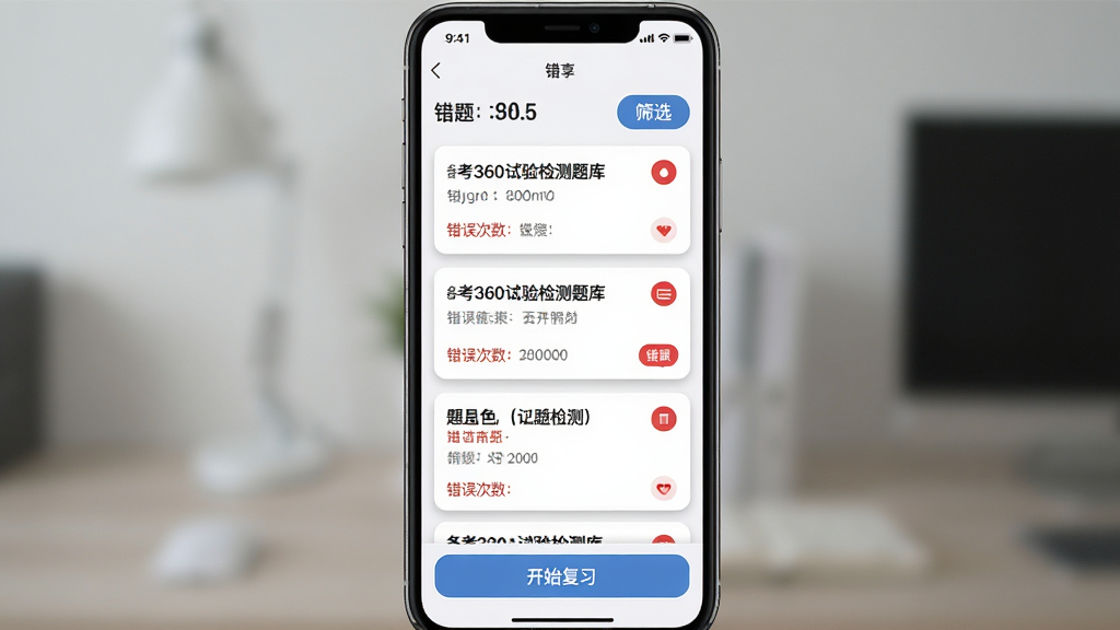 ����360�����������Ȿ���ܽ��棬�������ֻ���Ļ����ʾ�����б�ҳ�棬�Ϸ���ʾ��������ͳ�ƺ�ɸѡ��ť���м��Ǵ��⿨Ƭ�б�ÿ�ſ�Ƭ������ĿժҪ�ʹ��������ǣ��·��п�ʼ��ϰ��ť�����������㼶�������Ű���������б�ʽ������Լ�ִ���ϸ���ϴ������ú�ɫԲ�㡢��Ƭ����΢��Ӱ�����������׶������ʸɾ��޶���Ԫ��