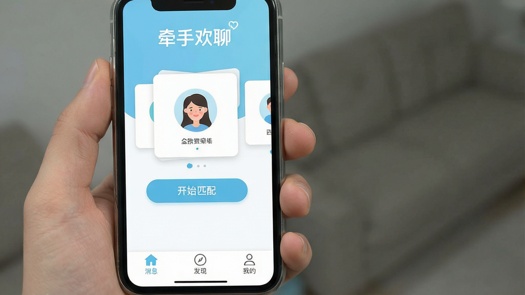 һ���ֻ���Ļ��ͼ��չʾ��ǣ�ֻ��ġ�App�������棬������Ƽ�����£���ǳ��ɫ�Ͱ�ɫΪ��ɫ����������ʾ��ǣ�ֻ��ġ�Logo���м����û�ͷ��Ƭ�͡���ʼƥ�䡱��ť���ײ�Ϊ��Ϣ�����֡��ҵ�����������ǩ�����岼�ָɾ�������ִ���ƽ�����������޶���Ԫ��