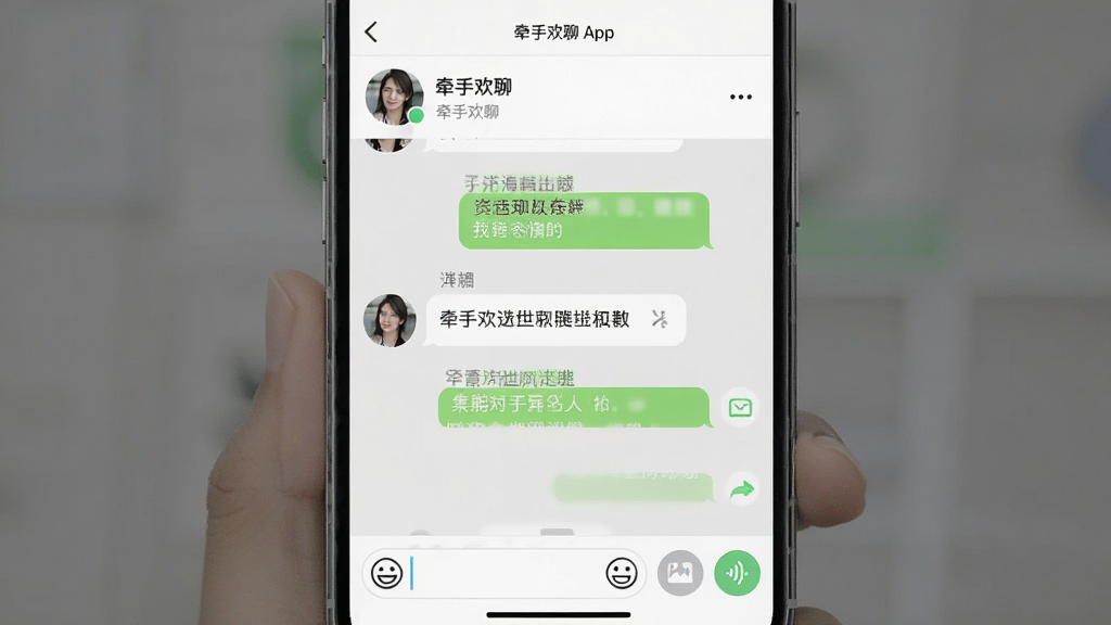 һ���ֻ���������ͼ��չʾ��ǣ�ֻ��ġ�App�����촰�ڣ��Ϸ���ʾ�Է��ǳƺ�ͷ���м��Ǽ����Ի����ݣ��·��������ͱ��顢ͼƬ��������ť���������࣬�԰�ɫ��ǳ��ɫΪ���������������޶���Ԫ��