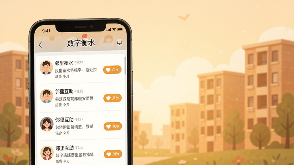 һ����ܰ���ĳ���ͼ�������ǡ����ֺ�ˮ��APP����������ҳ�棬�������ֻ���Ļ��ʾ���ﻥ�������б�������ͷ��͵��ް�ť��������ůɫ��������¥����Ӱ�����������Ȼ�����ʸɾ����޶���Ԫ��