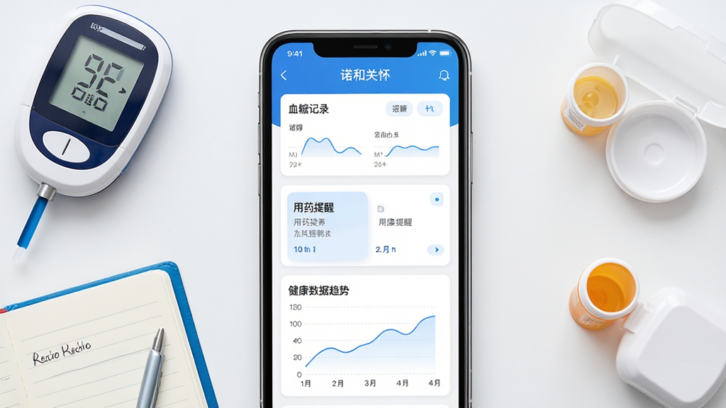 һ��չʾ��ŵ�͹ػ���App���Ľ�����ֻ�����ͼ�������������ֻ���Ļ����Ļ����ʾѪ�Ǽ�¼��塢��ҩ���ѿ�Ƭ�ͽ�����������ͼ������������ɫ��Ϊ���������������࣬��Χ������Ѫ���ǡ���¼����ҩ�еȽ�������СԪ�أ��������ִ���Լ�����ʸɾ��������޶���װ��Ԫ��