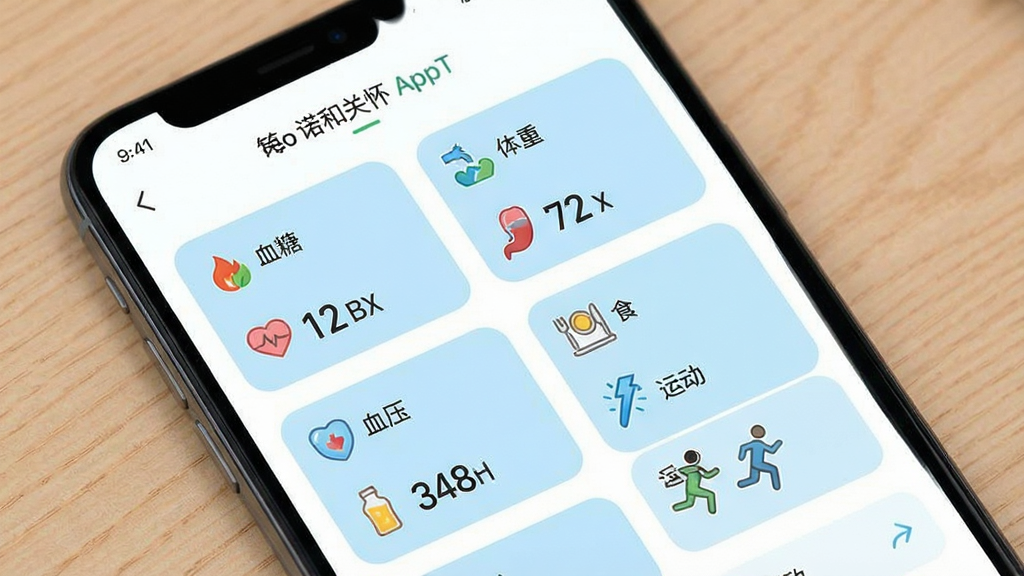 һ�š�ŵ�͹ػ���App�������ݹ��������չʾͼ���ֻ���Ļ����ʾ������ݿ�Ƭ���ֱ��ע��Ѫ�ǡ������ء���Ѫѹ������ʳ�����˶�����������ÿ����Ƭ���м���ͼ������һ�μ�¼��ֵ����Ļ����Ϊ��ɫ����ƬΪǳ��ɫԲ�Ǿ��Σ������Ű����룬������£����ʸɾ��޶���Ԫ��