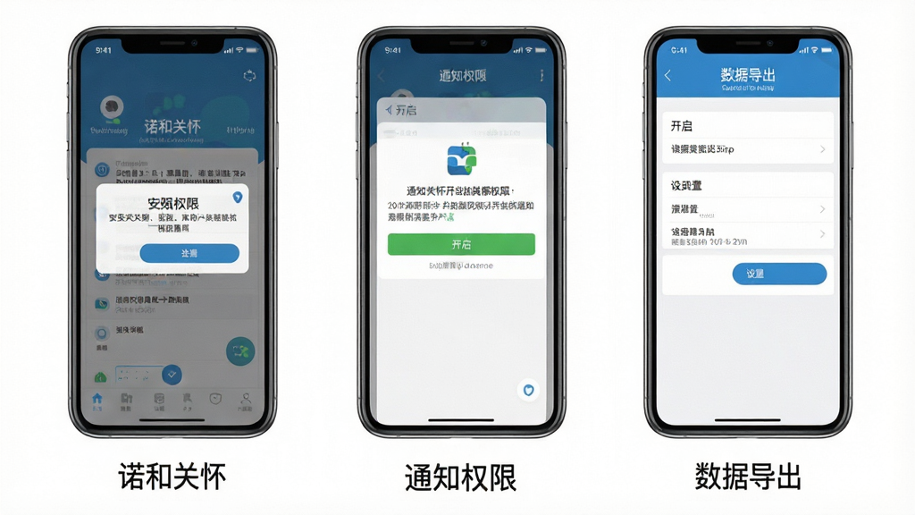 һ��չʾ��ŵ�͹ػ���App��װ���������̵�ʾ��ͼ�������Ϊ�����ֻ���Ļ����չʾ����һ����Ļ��ʾ��װȨ����ʾ�������ڶ�����Ļ��ʾ֪ͨȨ�޿������棬��������Ļ��ʾ���ݵ�������ҳ�棬ÿ����Ļ�·����м�����ֱ�ע���������ƽ������ɫ�����׻�Ϊ���������������޶���װ��