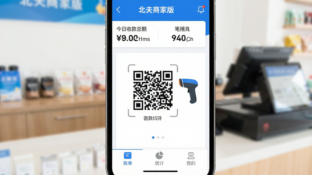 һ���ֻ���Ļ��д�����������Ǳ����̼Ұ�APP�������棬������Ƽ�࣬��������ɫΪ����������ʾ�Ž����տ��ܶ�ͱ������м�����Ŀ���տ��ά���ɨ��ǹͼ�꣬�ײ����˵���ͳ�ƺ��ҵ�����ѡ���������ģ���ĵ��̹�̨��������������������ִ���ƽ�����ʸɾ��������޶���Ԫ�ء�