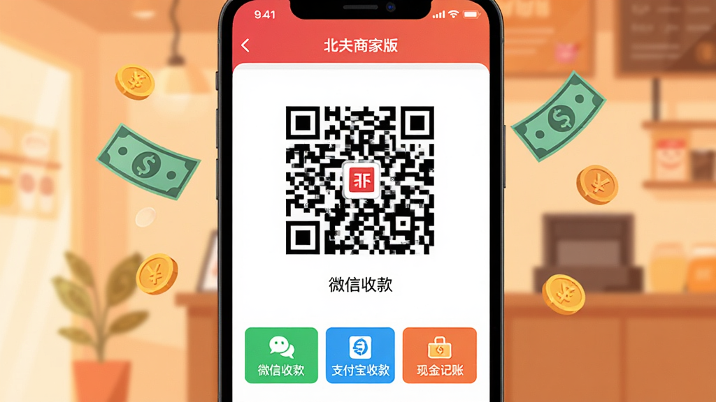 һ���ֻ���Ļ��д�������б����̼Ұ�APP���տ��������չʾ����Ļ������һ�����Ķ�ά�룬�·���ʾ�š�΢���տ����֧�����տ�͡��ֽ���ˡ�������ť���Ա�������ĳ�Ʊ��Ӳ��ͼ�������Ļ��������ůɫ���ĵ��̻���������ִ���ƽ�����ʸɾ����޶���Ԫ�ء�