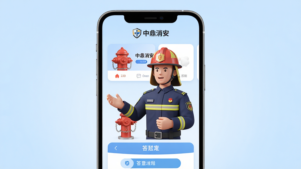 中鼎消安 手机应用界面展示,主体为一位穿着制服的消防员在手机屏幕内讲解消防栓使用方法,布局为竖屏手机样机居中,背景是干净的浅蓝色渐变,风格为扁平化3D插画,细节包括手机顶部显示“中鼎消安”logo,屏幕内显示课程卡片和答题界面,画质高清,干净,无多余元素