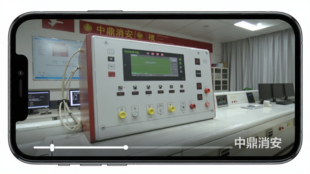中鼎消安 视频课程学习场景,主体为手机横屏播放消防主机操作教学视频,布局为手机界面特写,风格为写实科技风,细节包括视频画面中显示消防控制室主机面板,屏幕下方有进度条和“中鼎消安”水印,画质清晰,干净,无多余元素