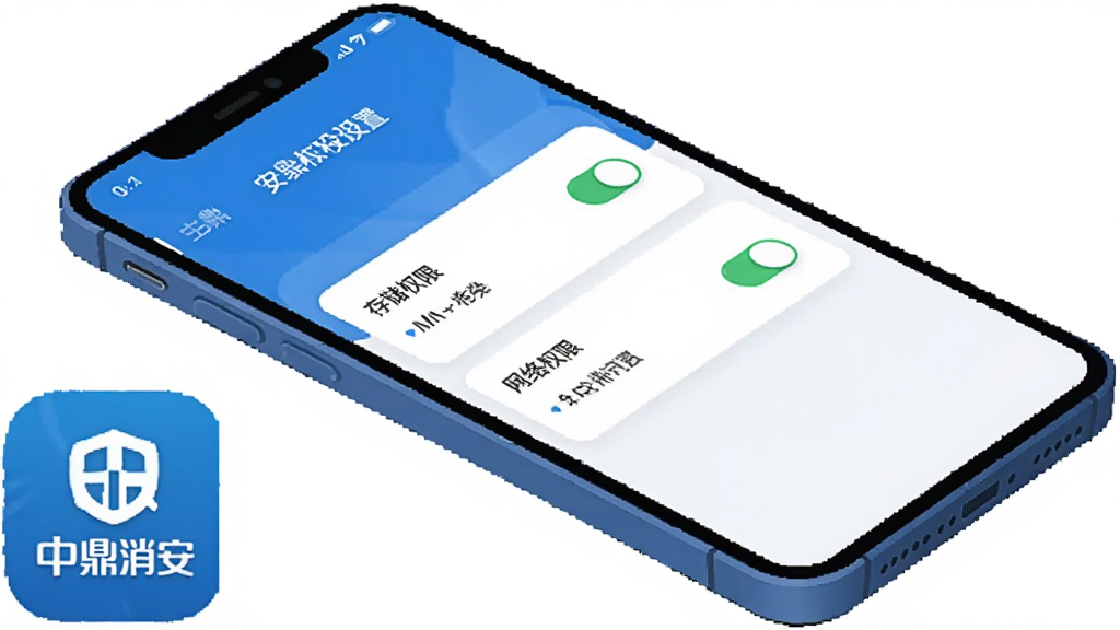 中鼎消安 安装权限设置示意图,主体为手机屏幕显示应用权限管理界面,布局为手机样机倾斜摆放,风格为扁平化科技蓝,细节包括屏幕上显示“存储权限”和“网络权限”开关已打开,旁边有“中鼎消安”图标,画质干净,无多余元素