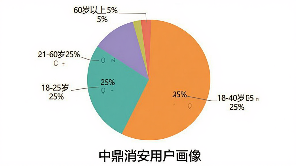中鼎消安 用户年龄分布饼状图,主体为彩色饼状图,布局为图表居中,风格为商务简约,细节包括图块标注“18-25岁 25%”“26-40岁 45%”“41-60岁 25%”“60岁以上 5%”,下方有“中鼎消安用户画像”标题,画质清晰,无多余元素
