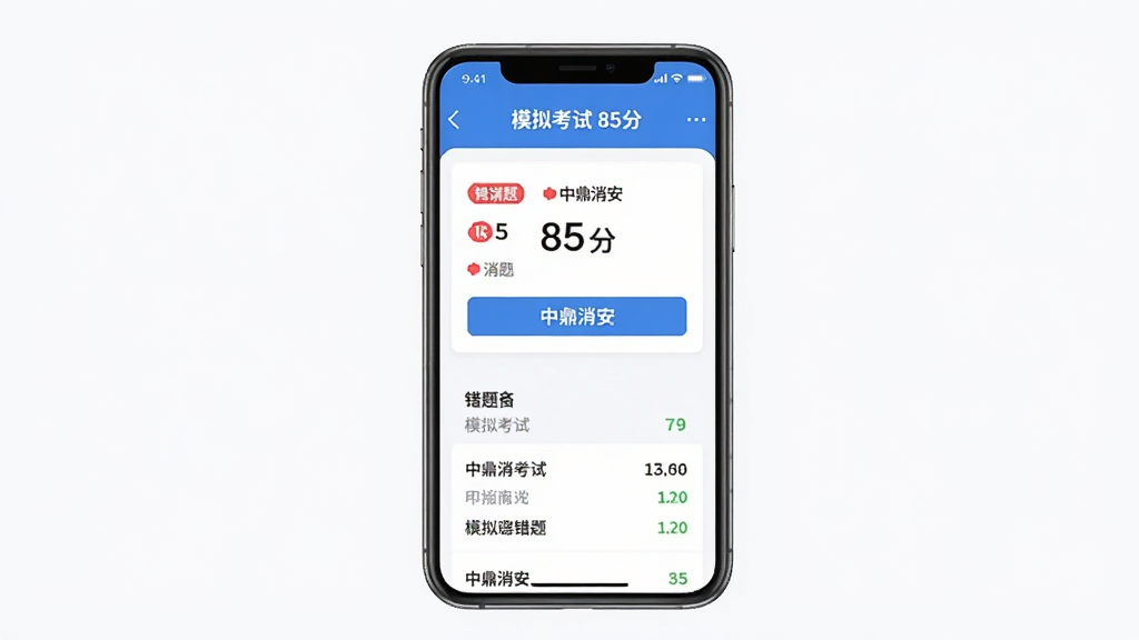 中鼎消安 模拟考试界面,主体为手机屏幕显示考试分数和错题分析列表,布局为竖屏手机样机居中,风格为现代简约扁平风,细节包括屏幕顶部显示“模拟考试 85分”,下方有红色错题标记和“中鼎消安”按钮,画质干净,无多余元素