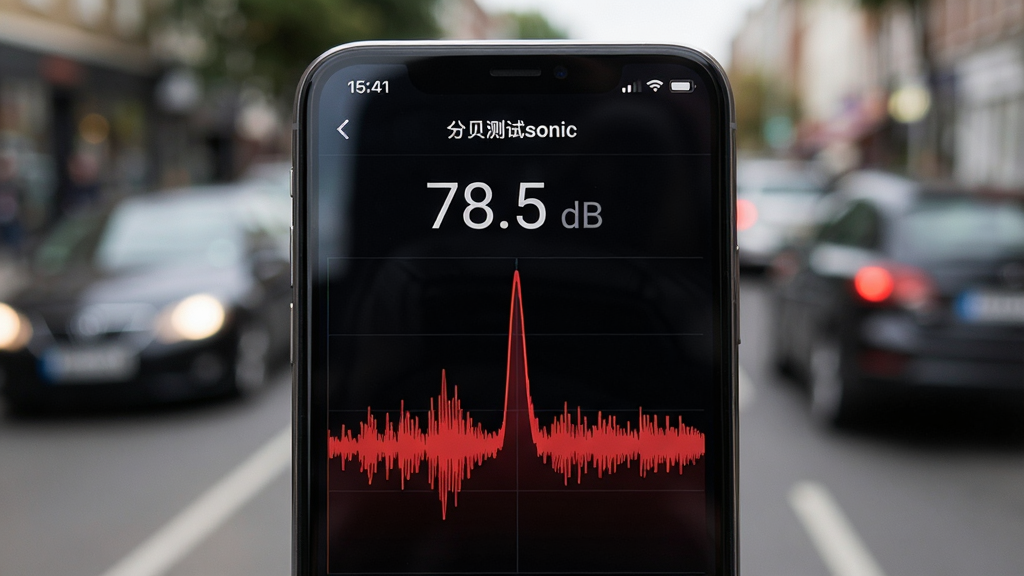�ֻ���Ļ��д��չʾ���ֱ�����sonic��App�������У���Ļ����ʾ��ʵʱ�ķֱ���ֵ��78.5 dB����һ��������Եĺ�ɫ�������ߣ��������м�λ����һ�����Եļ�壬�ֻ�������ģ���Ľֵ�������������������������дʵ��ϸ�����������ʸɾ����޶���Ԫ��