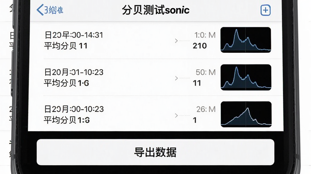 һ���ֻ���Ļ��ͼ����ʾ���ֱ�����sonic��App����ʷ��¼ҳ�棬�б����ж�����¼��ÿ����¼�������ڡ�ʱ�䡢ƽ���ֱ�ֵ��һ��С����������ͼ����Ļ�·���һ�����������ݡ���ť�����������ˬ�������������룬�����������޶���Ԫ��