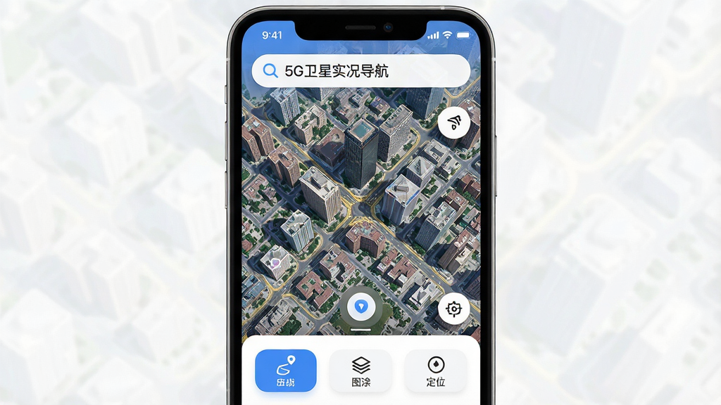 一张手机屏幕展示5G卫星实况导航软件的主界面,画面中央是清晰的卫星地图俯瞰城市街道与建筑,顶部搜索栏写着