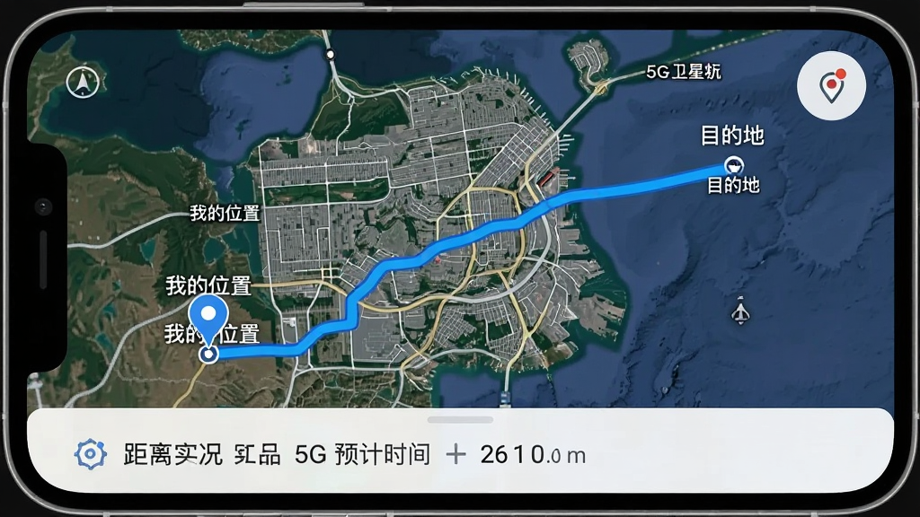 一张手机界面截图展示5G卫星实况导航的路线规划页面,画面中卫星地图上有一条蓝色路线从起点延伸到终点,起点标注