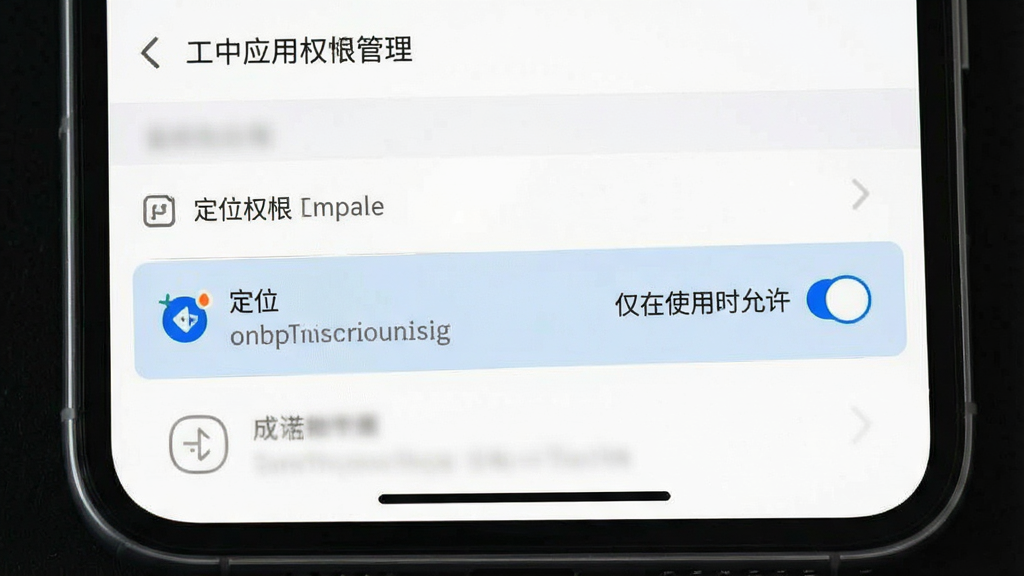 一张展示手机设置界面的示意图,画面中显示应用权限管理页面,定位权限选项被高亮标注,旁边有
