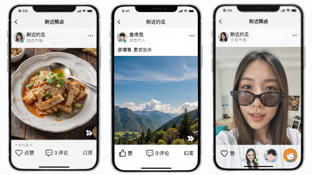 һ�š�����Լ����APP��̬�㳡�����ͼƬ����Ļ����ʾ�û�������ͼ�Ķ�̬��������ʳ���羰�����ģ��·��е��޺�����ͼ�꣬�������˱�ǩ�����ɼ��������������죬���ʸɾ�