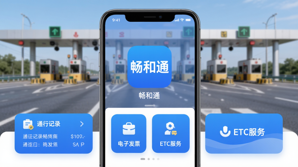 畅和通App主界面全貌展示,手机屏幕中央显示“畅和通”应用图标和名称,背景是高速公路和收费站场景,界面包含通行记录、电子发票、ETC服务等功能模块卡片,蓝白配色,布局清晰,现代扁平化风格,细节圆润,画质干净无多余元素