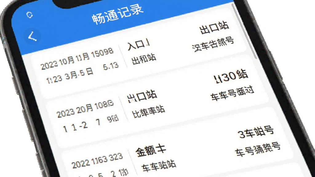 手机屏幕显示畅和通App的通行记录页面,列表展示多条高速通行明细,包含日期、入口站、出口站、金额、车牌号等信息,界面蓝白配色,文字清晰,布局整齐,现代扁平化风格,画质干净无多余元素