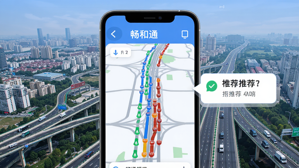 畅和通App实时路况页面,手机屏幕显示高速公路地图,用不同颜色标注畅通和拥堵路段,有路线推荐提示框,背景是城市和高速公路俯瞰图,蓝白配色,现代扁平化风格,布局清晰,画质干净无多余元素