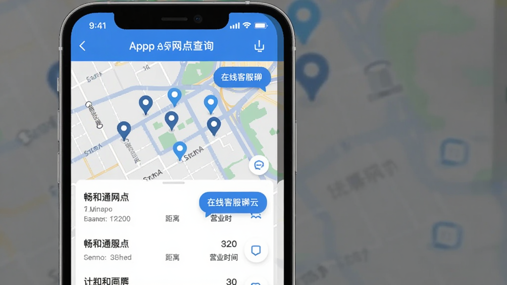 畅和通App服务网点查询页面,手机屏幕显示地图上的服务网点标记和列表,包含网点名称、距离、营业时间,旁边有在线客服聊天入口,蓝白配色,界面整洁,现代扁平化风格,画质干净无多余元素
