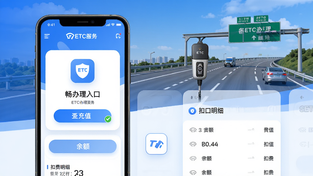 畅和通App的ETC服务页面,手机屏幕展示ETC办理入口、充值按钮、余额显示和扣费明细列表,背景有ETC设备和高公路元素,蓝白配色,布局清晰,图标现代,画质干净无多余元素
