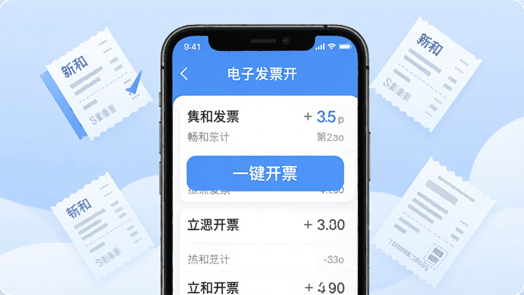 畅和通App电子发票开具界面,手机屏幕显示发票列表和“一键开票”按钮,背景有发票图标和票据元素,蓝白配色,界面清爽,操作按钮醒目,现代扁平化设计风格,细节精致,画质干净无多余元素