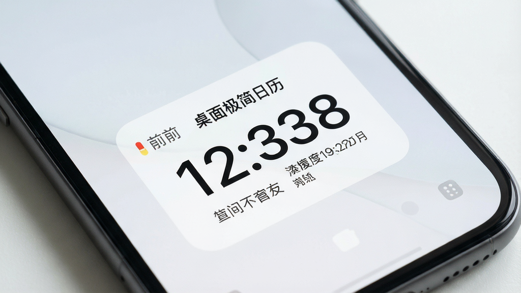 一张手机桌面特写,中央放置着“桌面极简日历”的小组件,显示清晰的日期和农历信息,背景是淡雅的浅灰白色壁纸,手机边缘圆润,整体布局极简留白,风格现代干净,画质高清无多余元素