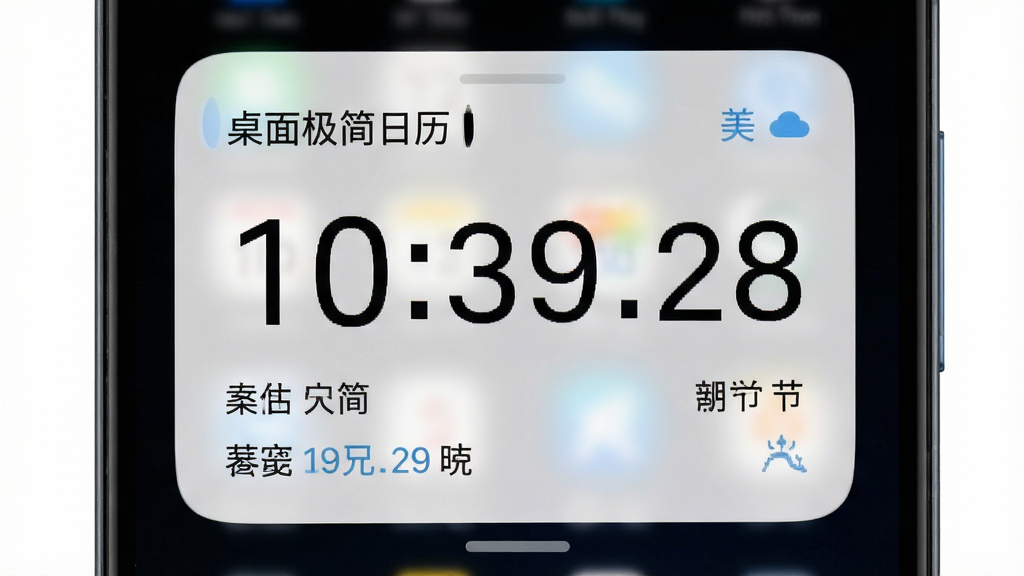 一部安卓手机屏幕截图,画面中“桌面极简日历”的小组件以半透明磨砂质感呈现,日期数字大而清晰,下方小字标注农历和节气,整体配色为白底黑字搭配淡蓝点缀,风格极简清爽,画质干净利落