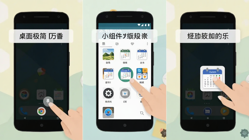 一部安卓手机展示“桌面极简日历”的小组件添加步骤,画面分为三格:第一格长按桌面空白处,第二格在小组件列表中找到日历图标,第三格将小组件拖入桌面,整体风格为扁平化教程插图,配色清爽,画质干净,文字标注清晰