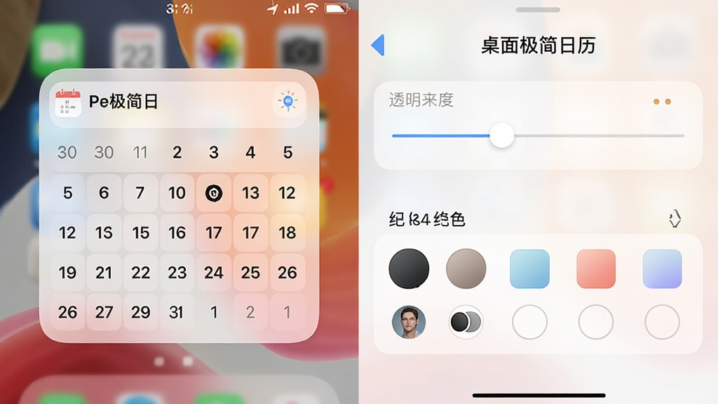 一张手机桌面与“桌面极简日历”设置界面的合成图,左侧展示日历小组件在桌面上的实际效果,右侧是简洁的设置面板,包含透明度滑块和颜色选项,整体采用浅色UI风格,布局清晰,画质干净无杂乱元素