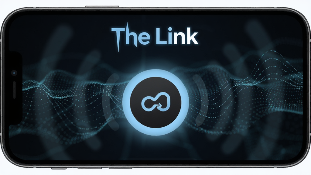 �ֻ���Ļ������ʾ�� The Link �����������棬�������Ϊ��ɫģʽ����������Ŀ�� The Link ��־���м���һ������Բ�����Ӱ�ť����ť��Χ�����ŵ���ɫ�Ĺ��Σ������ǳ���Ļ������źŲ���ͼ�����������ִ��Ƽ��У����������ɾ����޶���Ԫ�ء�