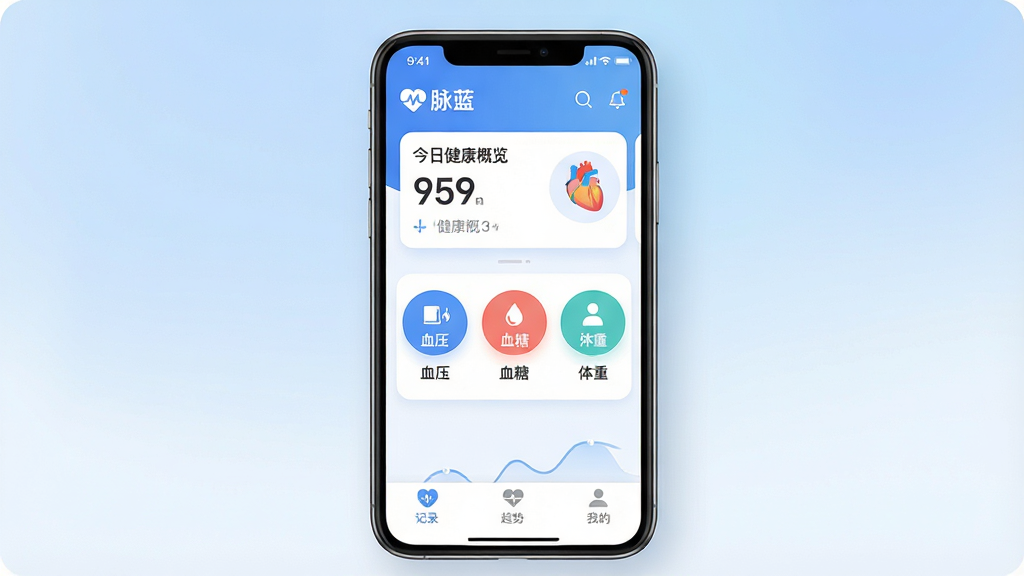 һ��չʾ����App���Ľ�����ֻ�����ͼ������������һ���ִ������ֻ�����Ļ��ʾ������������App����ҳ����������͵����׽���ɫ�������涥����ʾ��������Logo�ͽ��ս���������Ƭ���м�������Ѫѹ��Ѫ�ǡ���������Բ�����ݿ�Ƭ���ײ��Ǽ�¼�����ơ��ҵ�������ǩ�����������ִ���࣬ϸ��Բ�󣬻��ʸɾ��������޶���Ԫ��