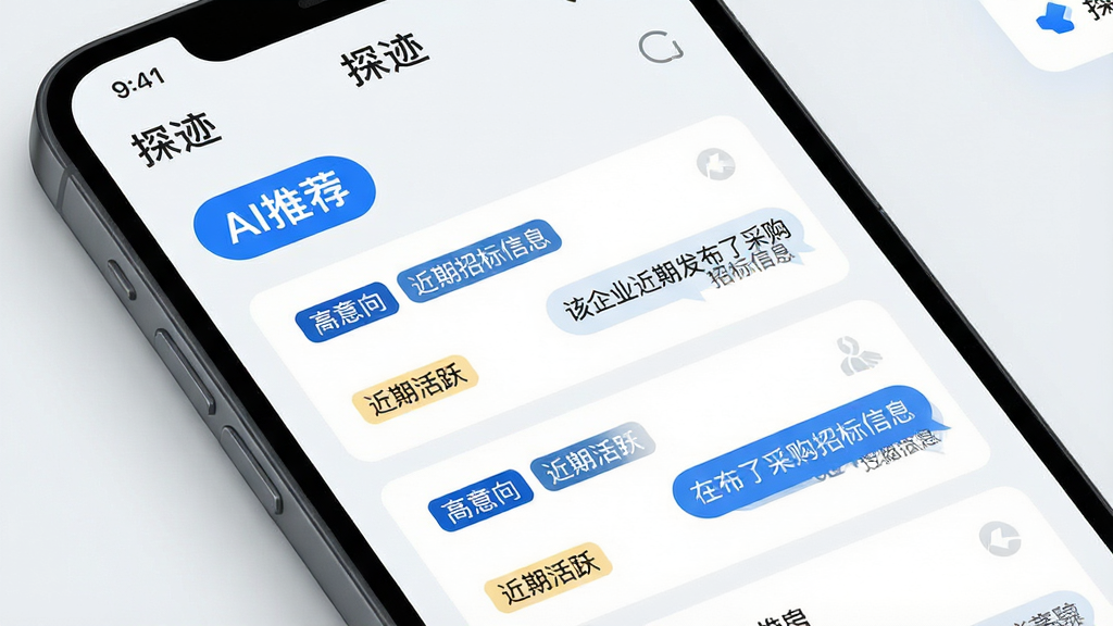 ����������һ���ֻ���Ļ��д����Ļ����ʾ�š�̽����App�������Ƽ����档��������һ����Ŀ�ġ�AI�Ƽ�����ǩ���·��г���һ����ҵ��Ƭ��ÿ����Ƭ�϶���ע�ˡ������򡱡������ڻ�Ծ���ȱ�ǩ������Ϊ��ֱ�б��������׶������Ϊ�ִ�UI��ƣ�ǳɫ��������ɫ��Ϊǿ��ɫ��ϸ���ϣ��Ƽ�������������ʽչʾ�����硰����ҵ���ڷ����˲ɹ��б���Ϣ�������ʸ��壬�ɾ����޶���Ԫ�ء�