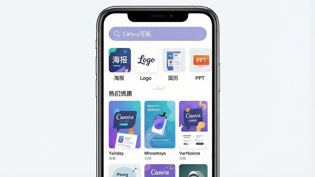 һ��չʾCanva�ɻ��ƶ����������ͼƬ�������������ֻ���Ļ����Ļ����ʾCanva�ɻ�App����ҳ������������д�š�Canva�ɻ������·��Ǻ��������ģ����࣬��������������Logo������������PPT���ȣ��м�����չʾ�����������ģ������ͼ�����岼���������Ű�ɾ�������ִ���ƽ����ϸ��Բ�󣬻����������޶���Ԫ��
