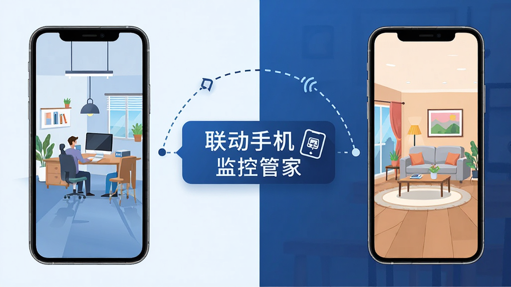 һ��չʾԶ��ʵʱ��ع��ܵ�AI��ͼ�����������һ���ֻ���ʾ�Ű칫�ҳ������Ҳ���һ���ֻ���ʾ�ż�ͥ�������棬�м����������ӱ�ʾԶ�����ӣ������д��С������ֻ���عܼҡ����ֱ�ʶ������Ϊ���ҶԱ�ʽ�����Ϊ�Ƽ��б�ƽ�廭��ϸ�����������ʸɾ����޶���Ԫ��