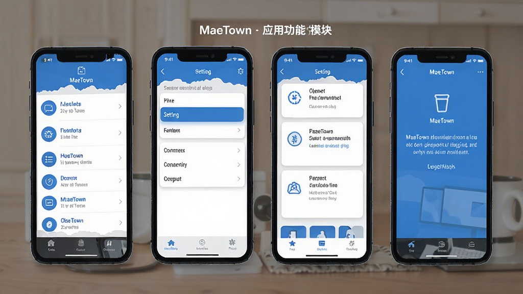 MaeTown Ӧ�ù���ģ��չʾͼ������ֻ���Ļ������ʾ��ͬ���ܽ��棬�����б������á���Ϣչʾ�ȣ�ͳһ������ɫ����������������ƽ�������ʸɾ��޶���Ԫ��