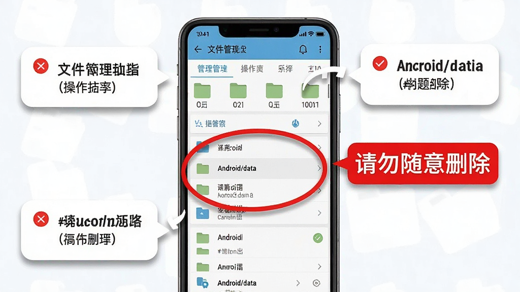 �ļ�������������������������ʾ��ͼ�������������ֻ���Ļ����Ļ����ʾ�ļ�����APP�����ҳ�棬�ص��ú�ɫԲȦ��ע��Android/dataĿ¼���Ա�����ʾ���֡���������ɾ���������ֲ���ͼ�Ľ����ʽ���Ű����������̳�ָ���磬ϸ������ʾ����Բ�Ǻ���ӰЧ���������������޶���Ԫ�ء�