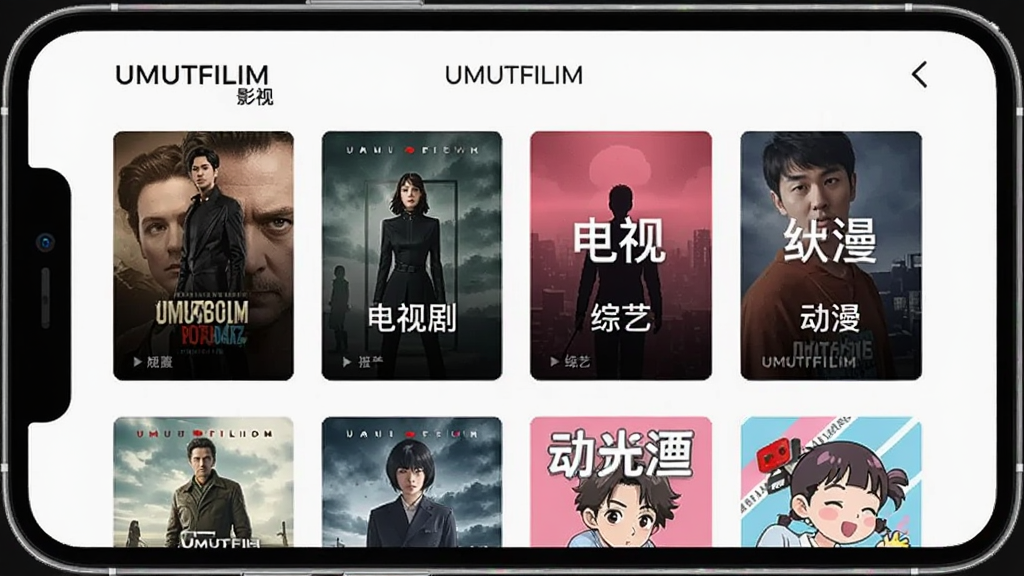 UMUTFILIM 影视分类界面,主体为手机屏幕显示电影、电视剧、综艺、动漫四大分类标签,布局为网格状海报展示,排版整齐,风格简约时尚,细节清晰,画质干净无多余元素,图片中文字显示“UMUTFILIM”