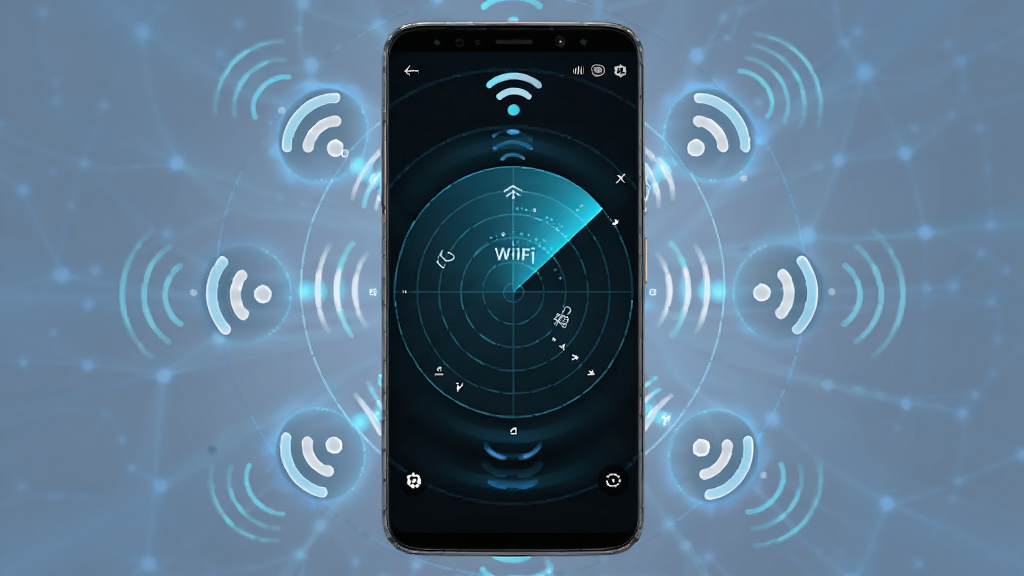 һ��չʾ����WiFi�����ȵ�ɨ�蹦�ܵ�AI��ͼ������������һ����׿�ֻ�����Ļ��ʾ����WiFi�������״�ɨ�趯��Ч������Χ�ж��WiFi�ź�ͼ�걻���������ֲ���Բ�η���״�Ű棬���Ƽ���ʮ�㵫���ּ�࣬ϸ�����źŲ��ƣ������������޶���Ԫ��