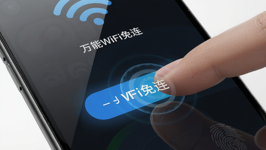һ��չʾ����WiFi����һ�����ӹ��ܵ�AI��ͼ��������������ָ����ֻ���Ļ�ϵ����Ӱ�ť����Ļ��ʾ����WiFi�����Ľ��棬��ť��Χ�й�Ч���������־���ͻ��������������дʵ��һ��Ƽ��У�ϸ����ָ�ƺ���Ļ���⣬���ʸɾ����޶���Ԫ��