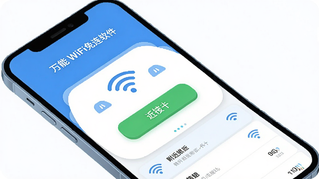 һ��չʾ����WiFi���������������ͼƬ���������ֻ���Ļ����Ļ����ʾ����WiFi�����ļ��������ɫ���棬�м���һ����Ŀ����ɫ���Ӱ�ť����Χ������WiFi�ź�ͼ��͸����ȵ���б�����������������ִ���ƽ��ϸ��Բ�󣬻��ʸɾ����޶���Ԫ��