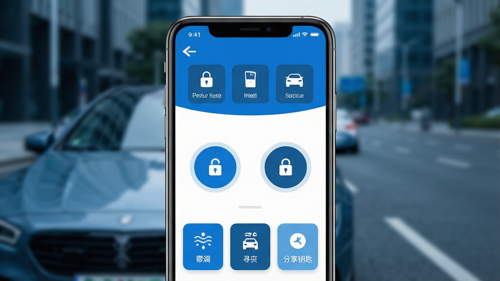 һ��չʾ��������Կ��App���Ĺ��ܵ��ֻ������ͼ������������һ���ִ������ֻ�����Ļ��ʾ��������Կ��App�������棬����������ɫ��Ϊ����������ʾ����״̬��Ϣ�糵����������������ͼ�꣬�м�����Ŀ�Ľ���������Բ�ΰ�ť���ײ��пյ���Ѱ��������Կ�׵ȹ�����ڣ�������ģ���������ͳ��е�·������ִ��Ƽ��У�ϸ�����������ʸɾ����޶���Ԫ��