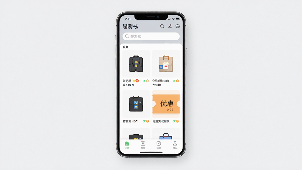 手机应用界面展示,画面中央是一部现代智能手机,屏幕上显示“易购栈”App的主页,页面顶部有搜索栏,中间是商品列表和优惠券图标,底部有导航栏,背景为干净的浅灰色,风格简洁现代扁平化,细节清晰,画质干净无多余元素