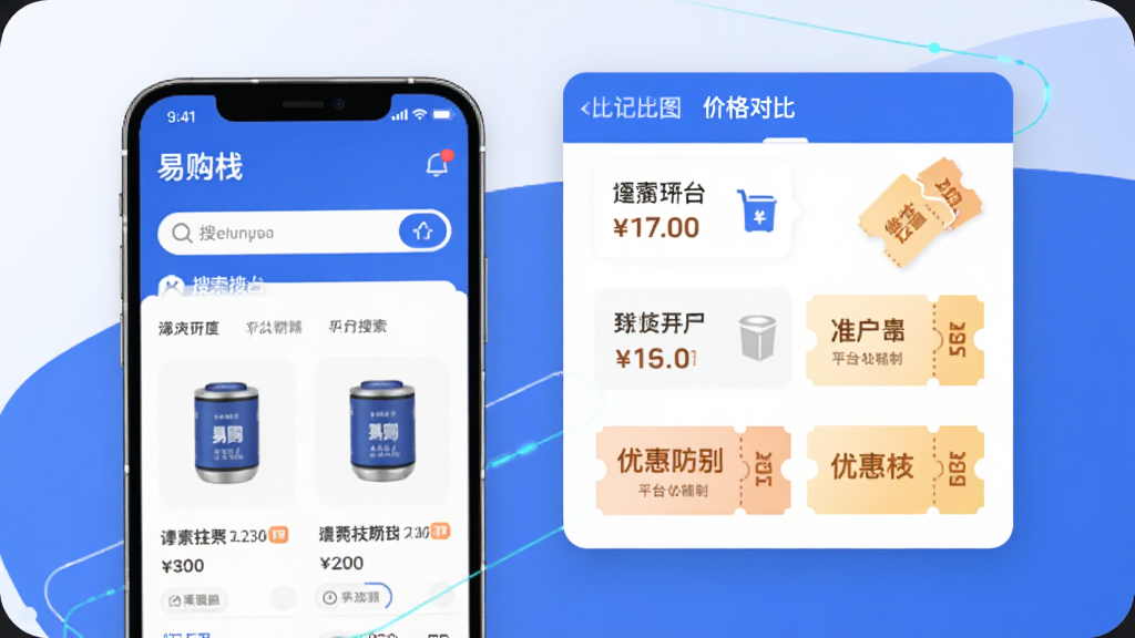 AI生图,画面展示“易购栈”App的比价功能界面,左侧是一部手机显示商品搜索页,右侧是悬浮的价格对比卡片,画面中有三个平台的价格标签和优惠券图标,风格为科技感扁平插画,色彩以蓝白为主,细节清晰,画质干净