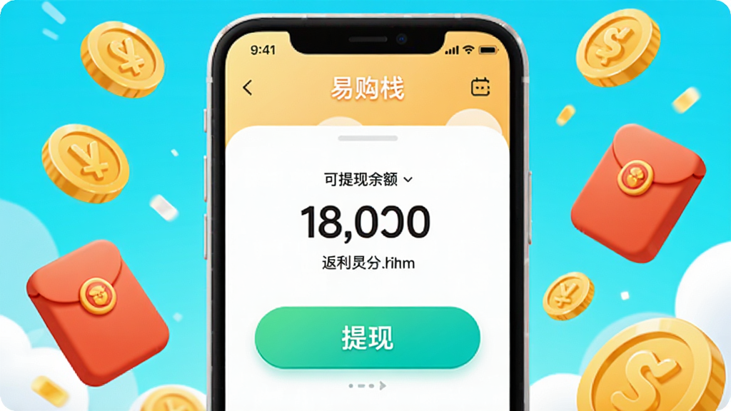 AI生图,画面展示“易购栈”App的返利提现界面,手机屏幕中央显示可提现余额和提现按钮,周围有金币和红包的卡通元素飘浮,风格为轻快活泼的插画风,色彩明亮,细节圆润,画质干净无多余元素