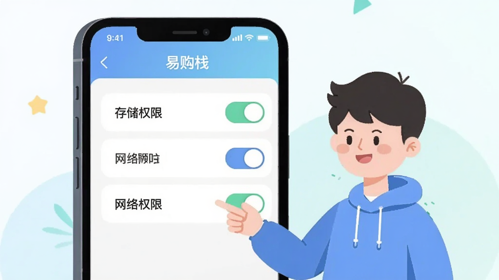 AI生图,画面展示“易购栈”App的权限设置页面,手机屏幕上显示各项权限开关,旁边有一个卡通人物用手指着“存储权限”和“网络权限”的开关,风格为扁平化教学插画,色彩柔和,细节清晰,画质干净