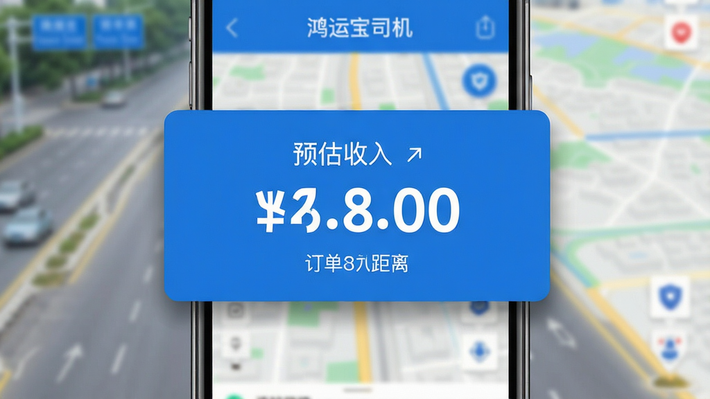 一张展示“鸿运宝司机”订单推送界面的图片,手机屏幕中央弹出一个醒目的订单卡片,上面用大号字体显示预估收入金额和距离,背景是模糊的城市道路地图,卡片边缘有轻微的阴影效果,整体风格简洁现代,色彩以蓝白为主,画质清晰干净,无多余元素