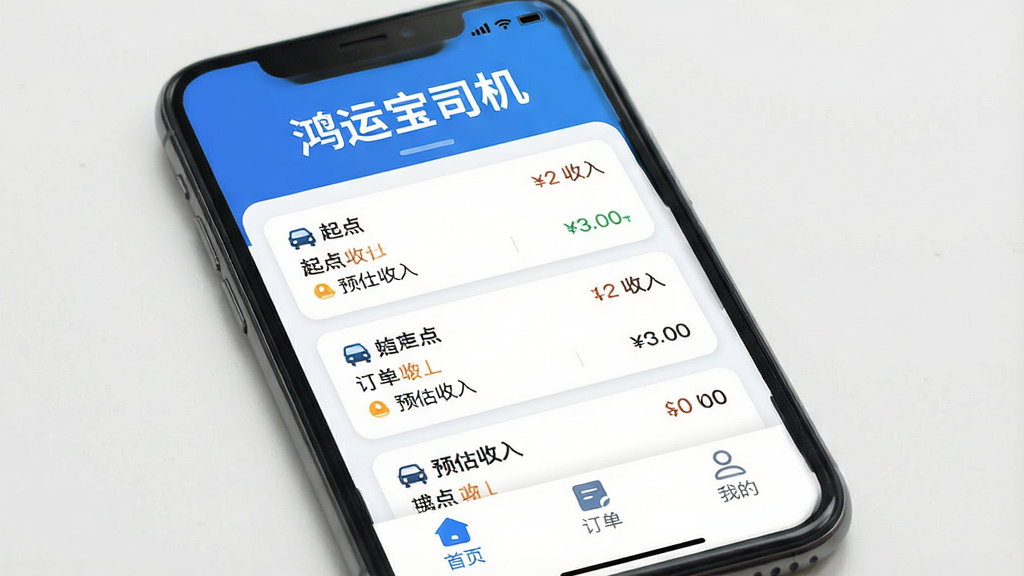 一张手机屏幕展示“鸿运宝司机”APP主界面的图片,界面以蓝色和白色为主色调,顶部醒目显示“鸿运宝司机”字样,中间区域是清晰的订单卡片列表,每张卡片上标注了起点终点和预估收入,底部有“首页”“订单”“我的”三个选项卡图标,整体布局干净整洁,风格现代扁平,细节圆润,画质清晰,无多余元素
