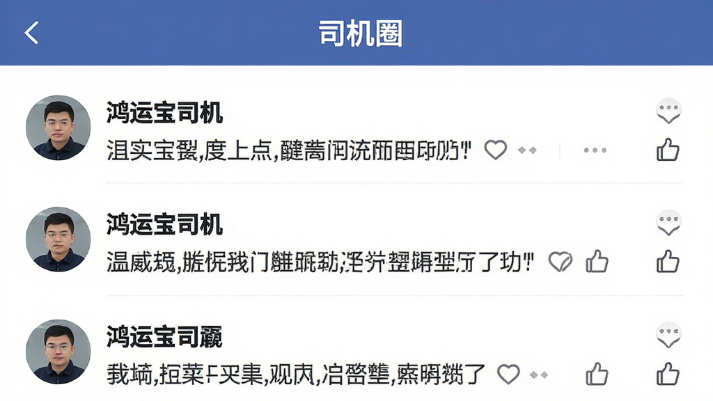 一张“鸿运宝司机”社区交流页面的图片,展示多条司机发布的文字动态,每条动态左侧有用户头像,右侧是文字内容和点赞图标,页面顶部有“司机圈”标题,整体布局类似社交信息流,风格清爽,画质干净,无多余元素