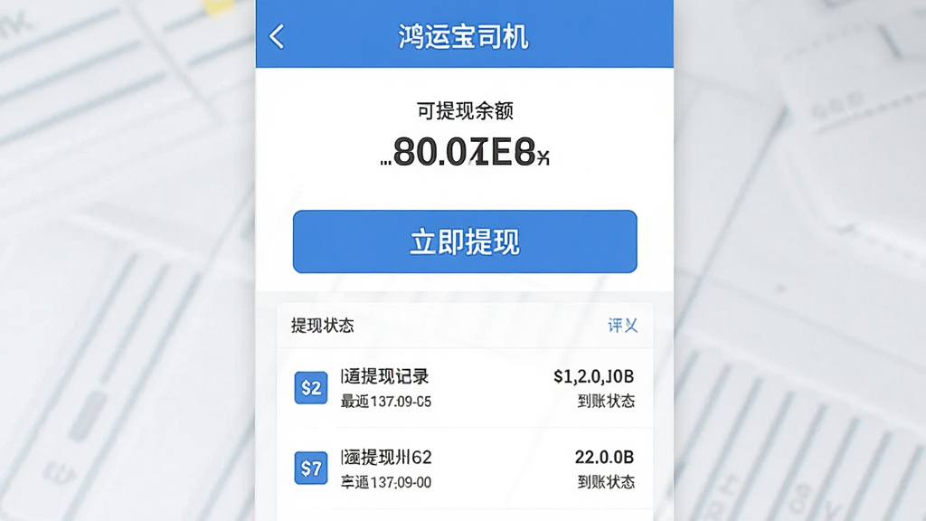 一张“鸿运宝司机”钱包提现页面的图片,页面中央有一个醒目的“立即提现”按钮,按钮上方显示可提现余额,下方列出最近三笔提现记录及到账状态,整体配色以蓝色和白色为主,界面干净整洁,风格扁平化,画质清晰,无多余元素
